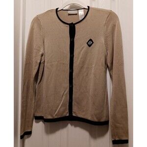 Liz Claiborne Women's Silk Crew Neck Long Sleeve Beige Black Cardigan Sweater S